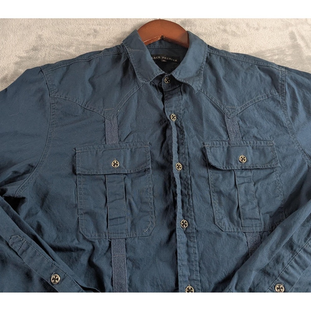 Affliction Black Premium Shirt Mens M Blue Skull Wings Long Sleeve Embroidered - Picture 4 of 11
